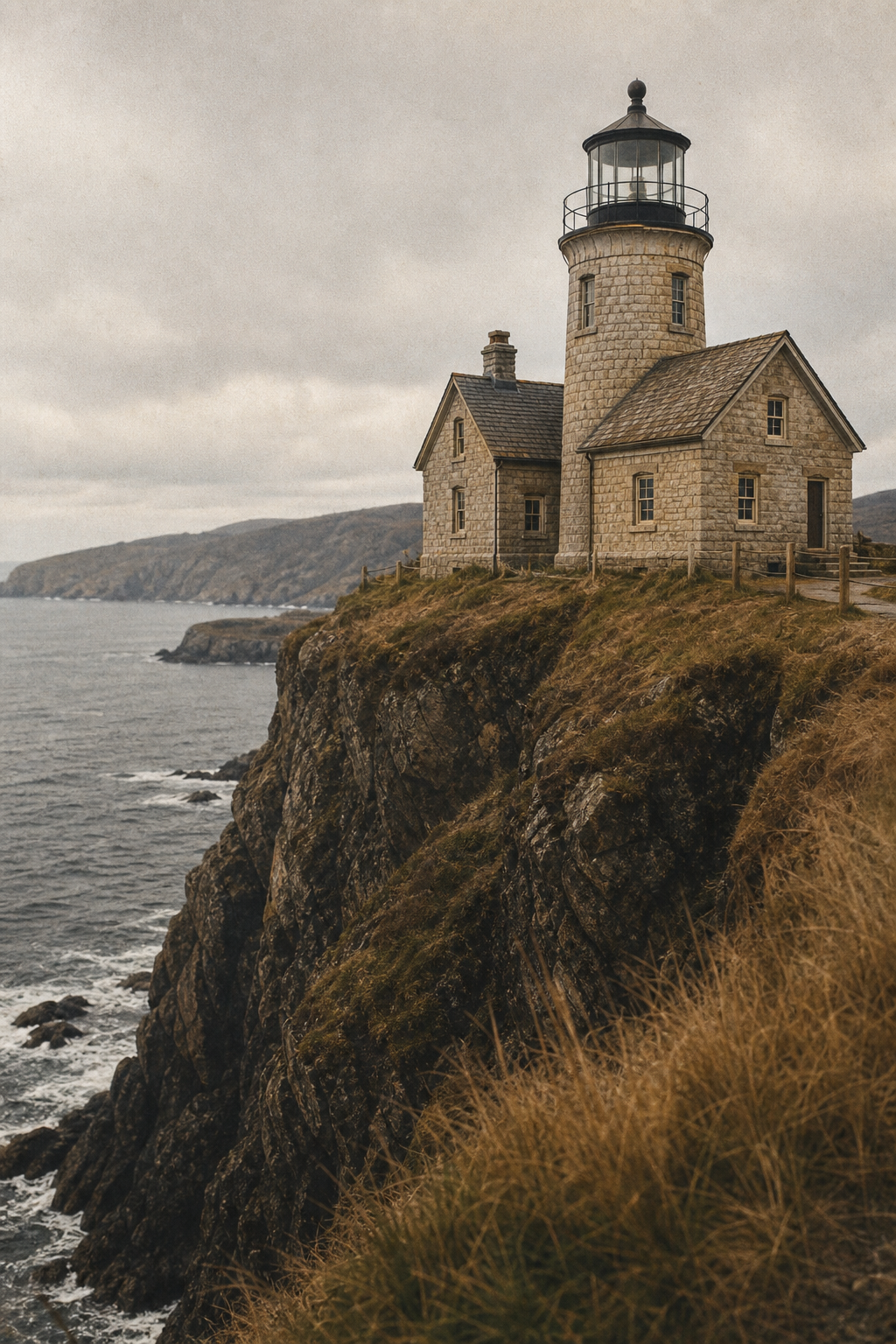 Warm archival-style photograph of a cliffside lighthouse station with visible lantern room above the northern coastline