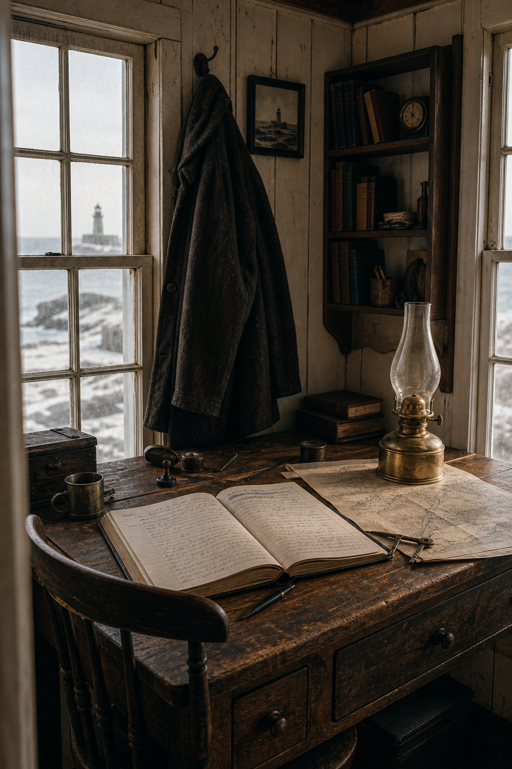 Archival-style interior of a lighthouse keeper room with a weathered wooden desk, open logbook, brass lamp, and coastal light through small windows