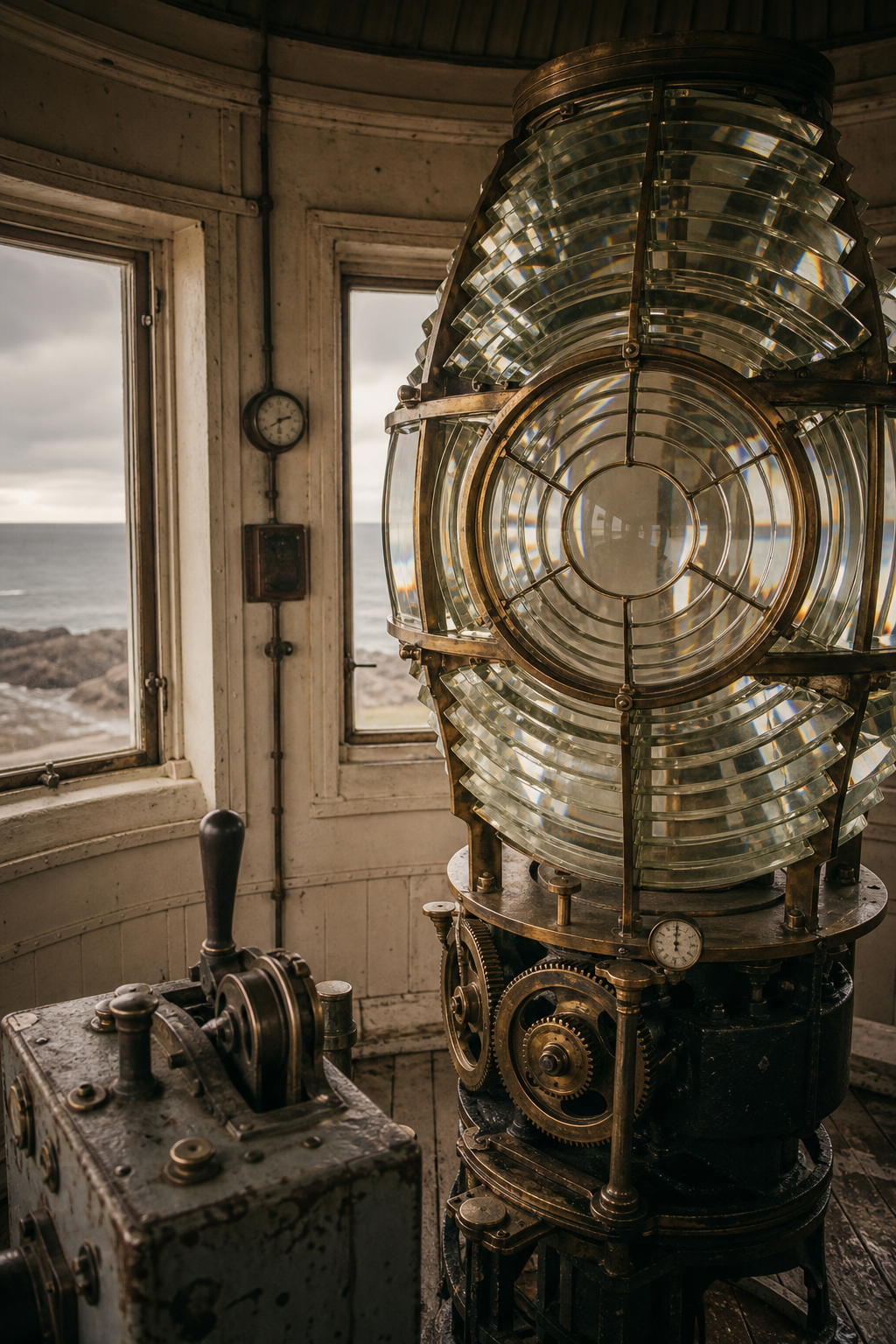 Archival-style close view of lighthouse lantern apparatus with polished lens rings, winding mechanism, and weathered metal controls inside a narrow tower room