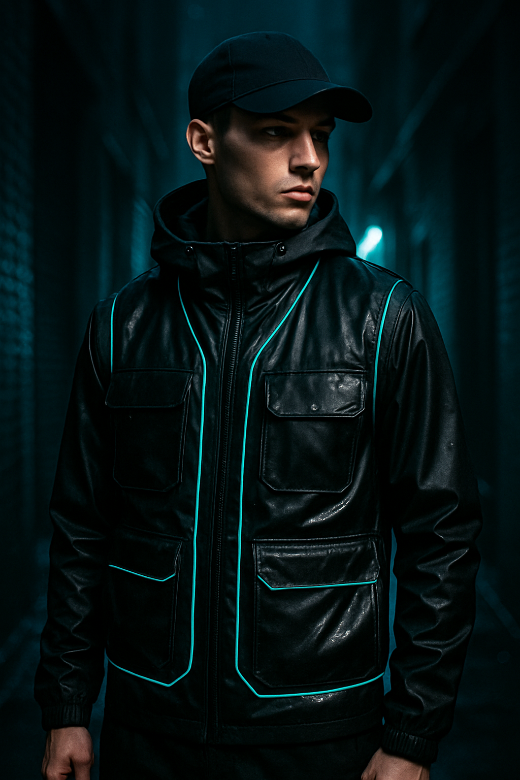 Model wearing a sleek black waterproof utility vest with neon cyan piping, layered over a matte tactical hoodie, standing in a moody urban alley with soft cyan glow