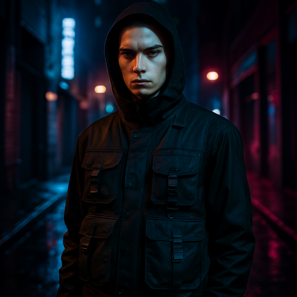Editorial portrait of a model in a black waterproof utility vest with multi-pocket detailing, standing in a neon-lit night city alley
