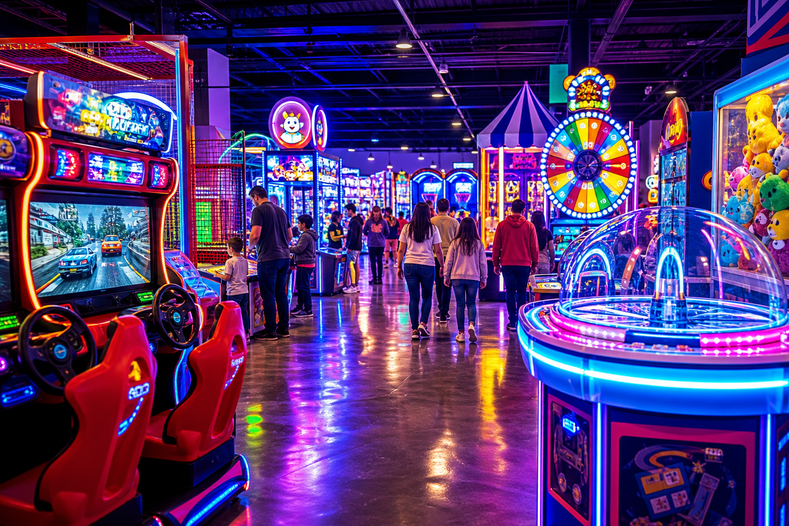 Vibrant indoor arcade floor with glowing game machines, neon lighting, and families enjoying the space