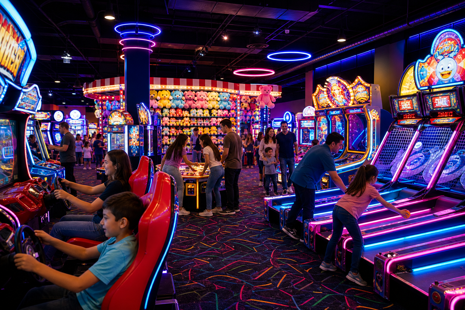 Neon-lit arcade floor with rows of colorful game cabinets, glowing prize wall, and families playing