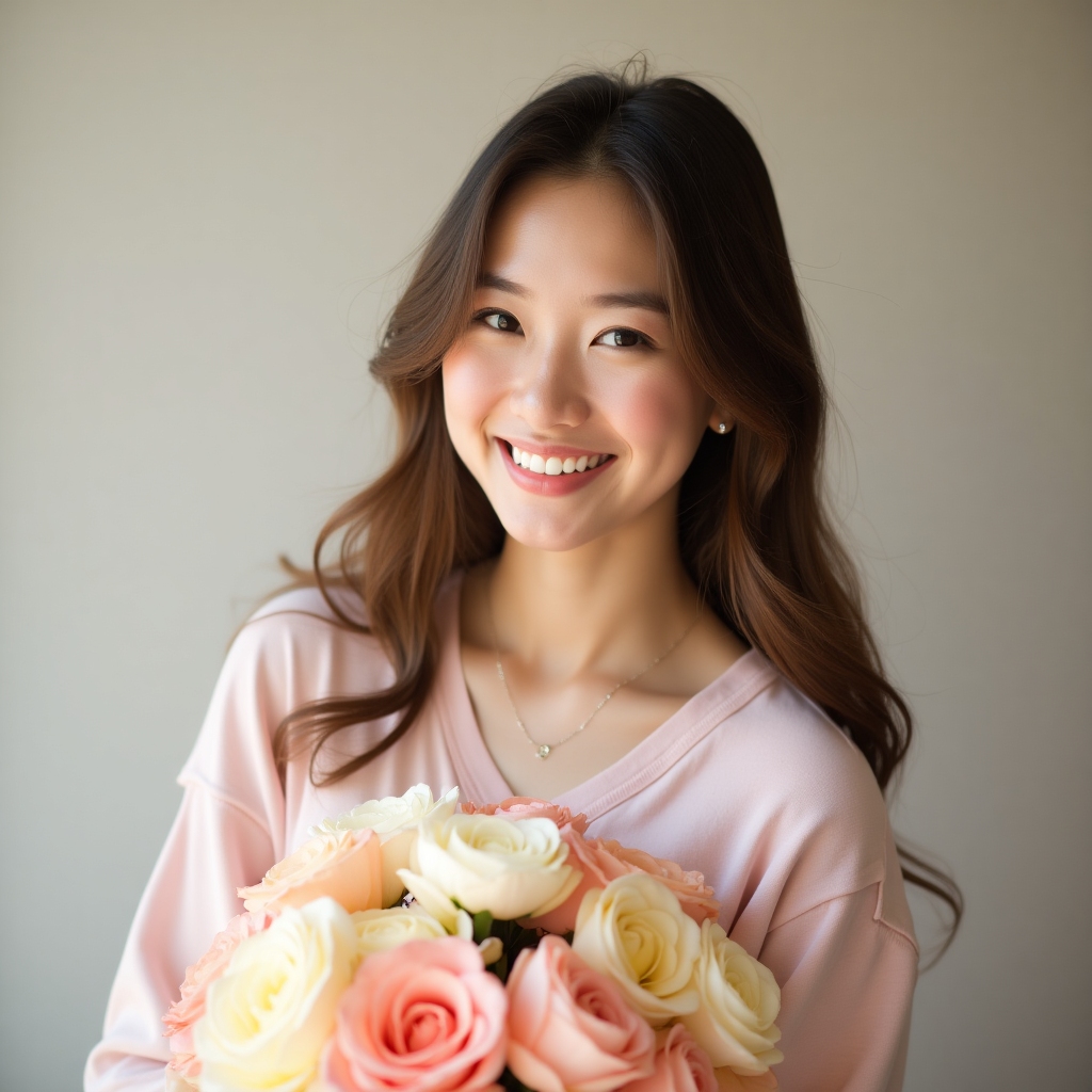Smiling customer holding a bouquet