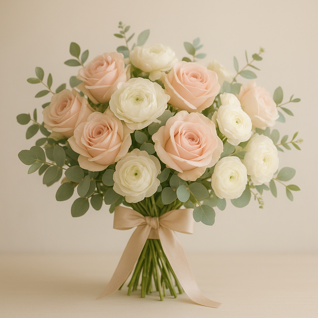 Luxurious pastel bouquet with roses, peonies, and eucalyptus