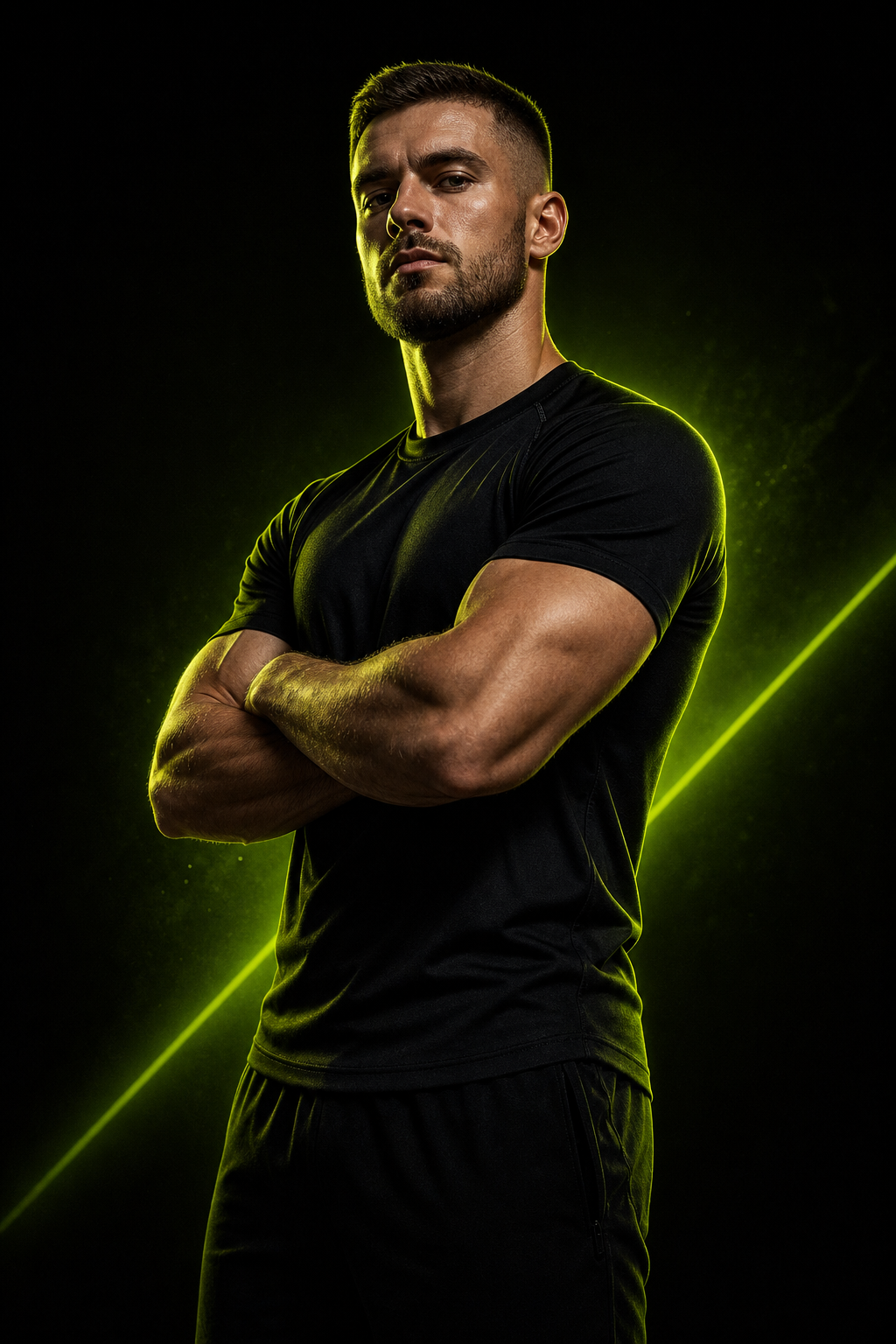 Coach Maksym Hrytsenko in an athletic, dynamic pose against a dark background with neon lime rim lighting