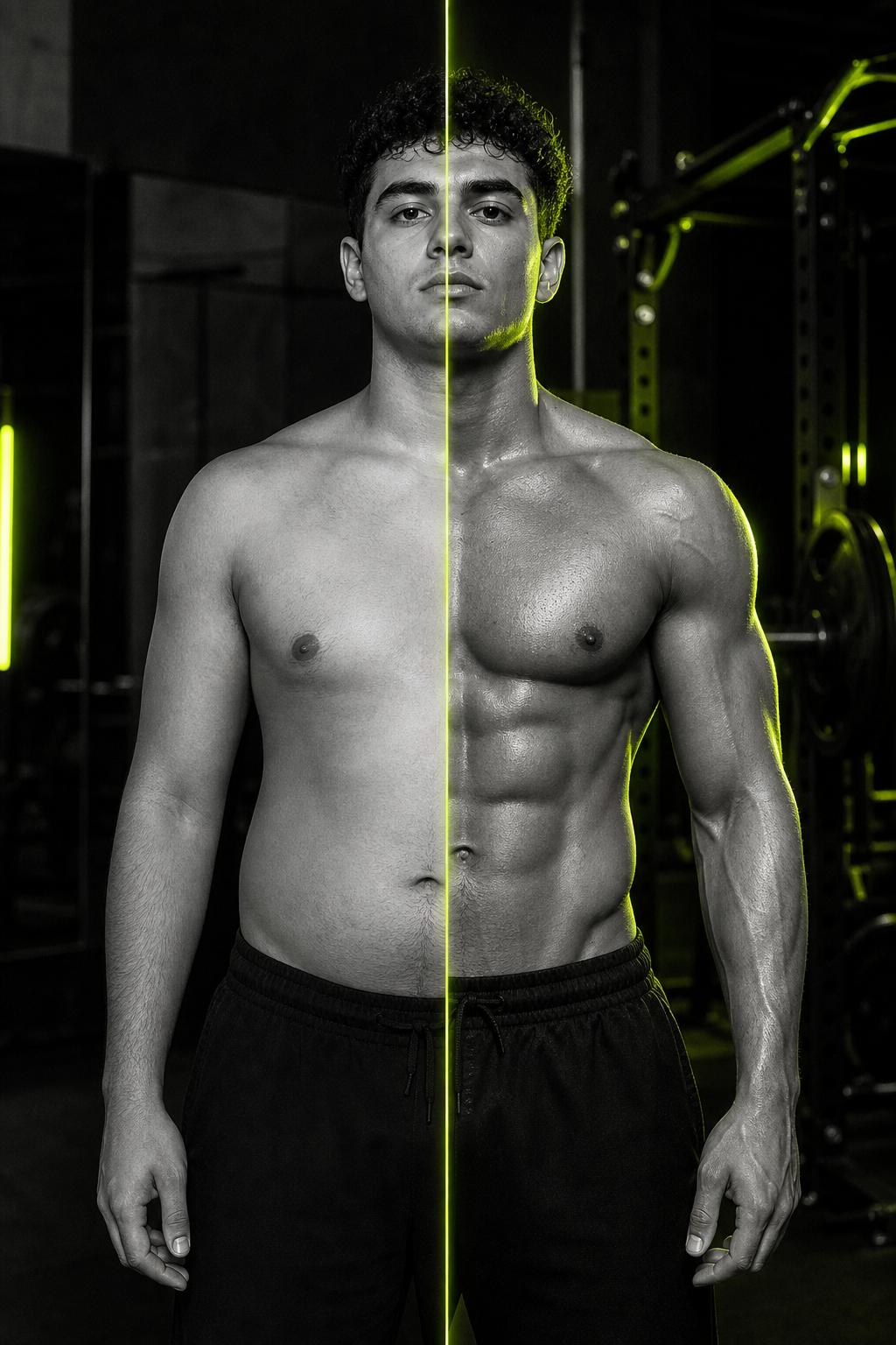 Split before and after photo of Diego, a young man in his mid-20s with short curly hair, showing athletic definition and visible abdominal muscles after 12 weeks