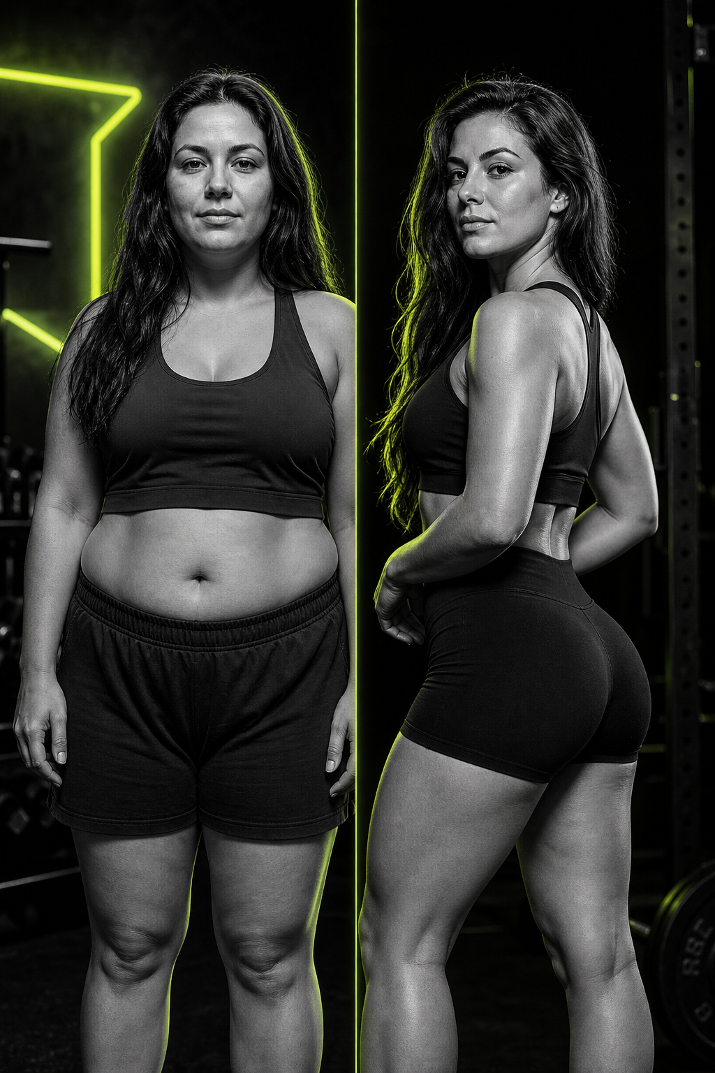 Split before and after photo of Elena, a woman in her late 20s with long dark hair, showing toned arms, glutes and improved posture after 12 weeks