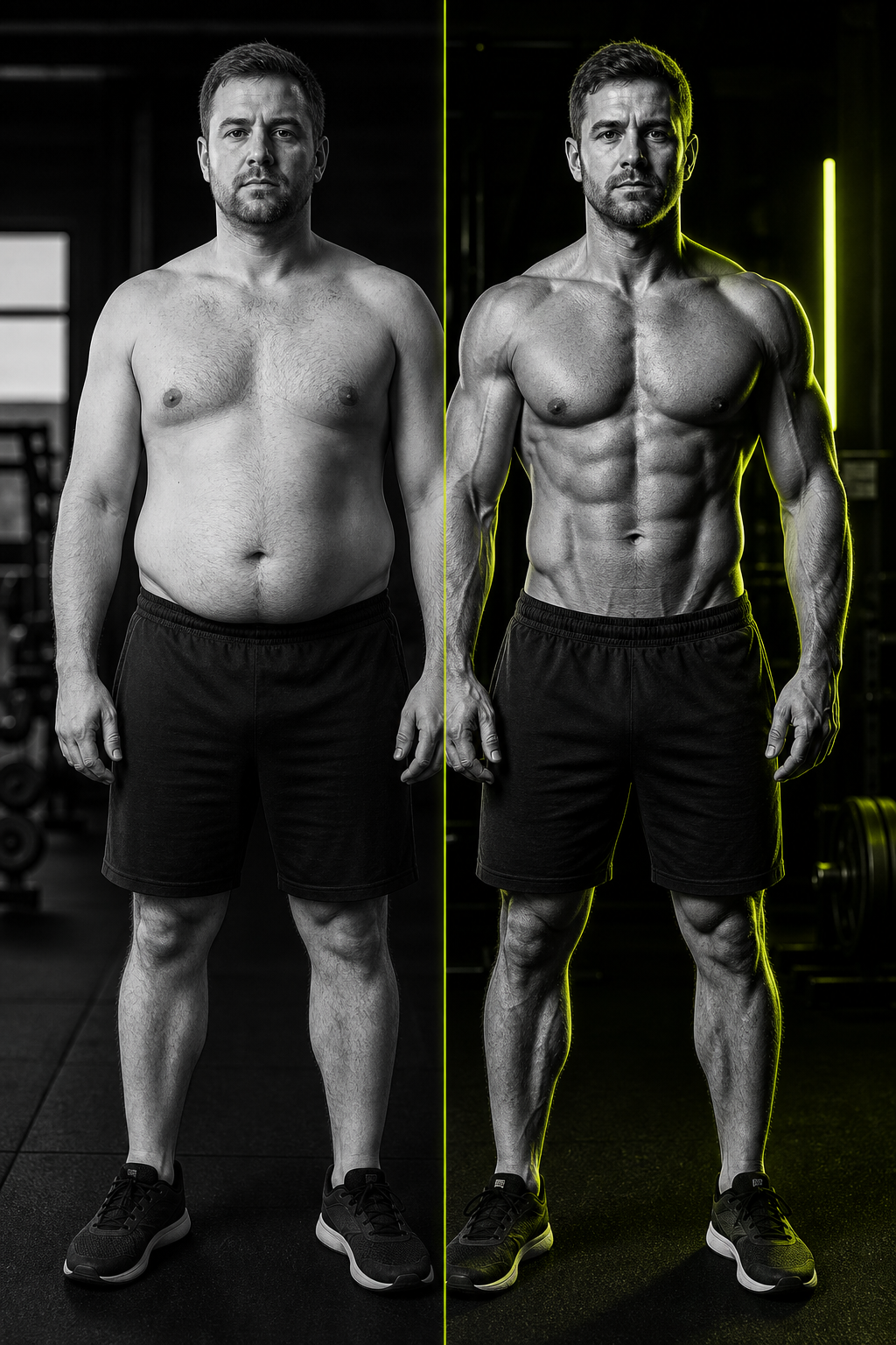 Split before and after photo of Jason, a muscular man in his mid-30s, showing 12-week fat loss and core definition transformation