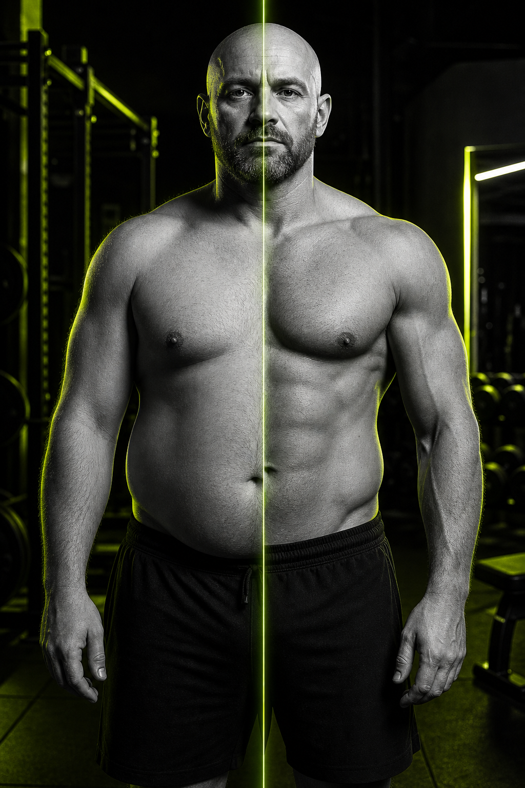Split before and after photo of Marcus, a broad-shouldered man in his early 40s with a shaved head, showing rebuilt strength and a leaner waist after 12 weeks