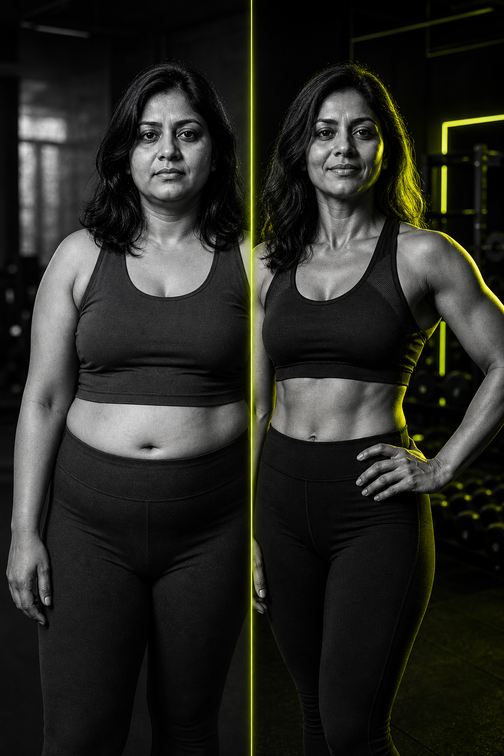 Split before and after photo of Priya, a South Asian woman in her late 30s with shoulder-length black hair, showing full body recomposition and increased energy after 12 weeks