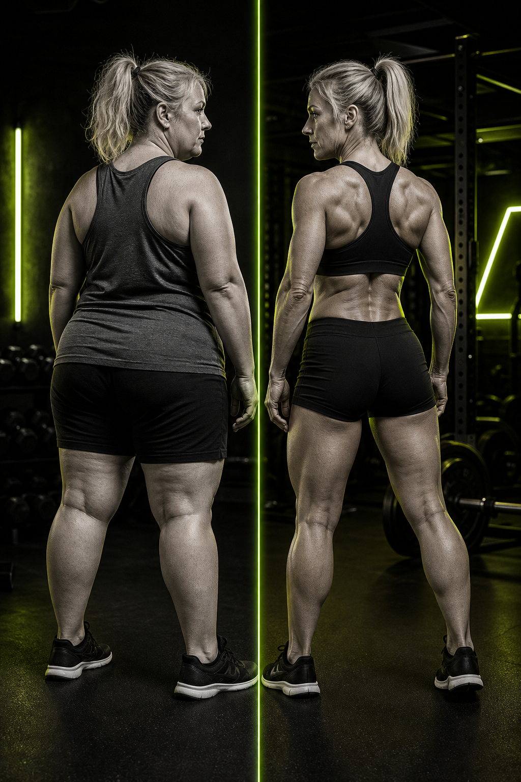 Split before and after photo of Sarah, a woman in her mid-40s with a blonde ponytail, showing sustainable fat loss and stronger back and legs after 12 weeks