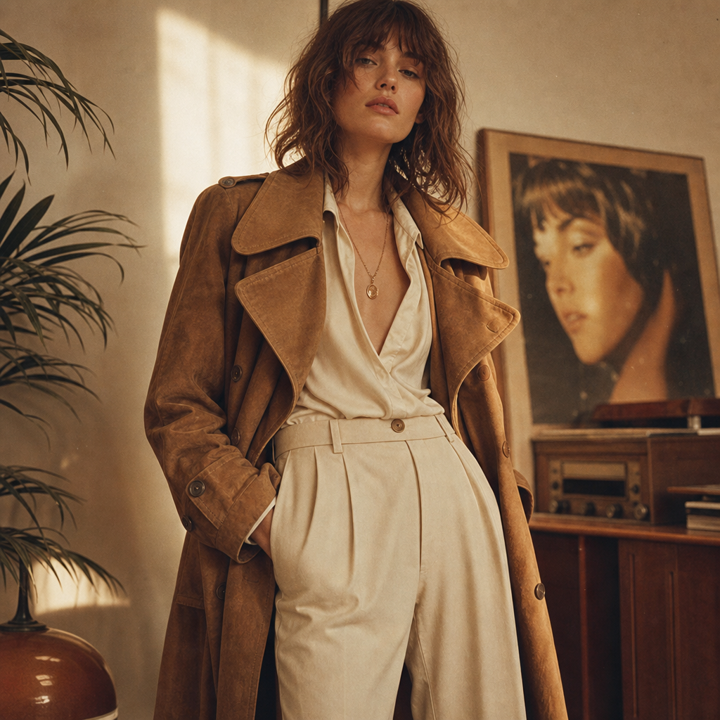 Model wearing a caramel suede trench coat with a wide collar and high-waisted trousers, styled in warm film light