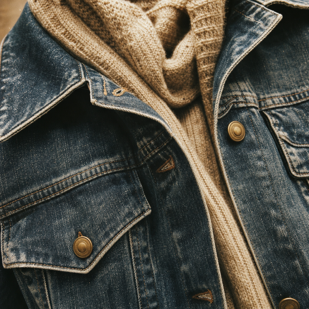 Close-up of washed indigo denim jacket with brass buttons and textured knit scarf in muted earthy tones