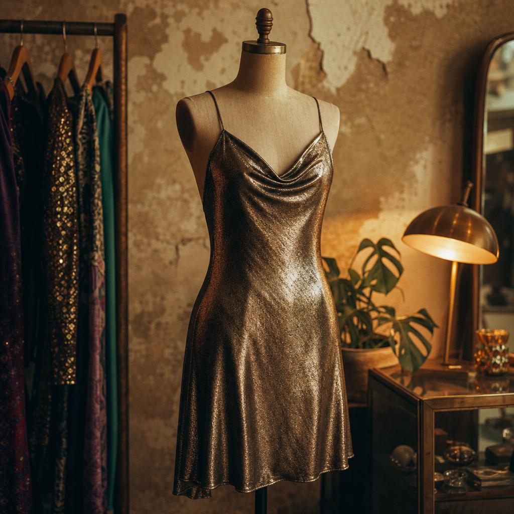 Vintage 80s metallic slip dress on a mannequin with soft amber lighting and textured boutique walls