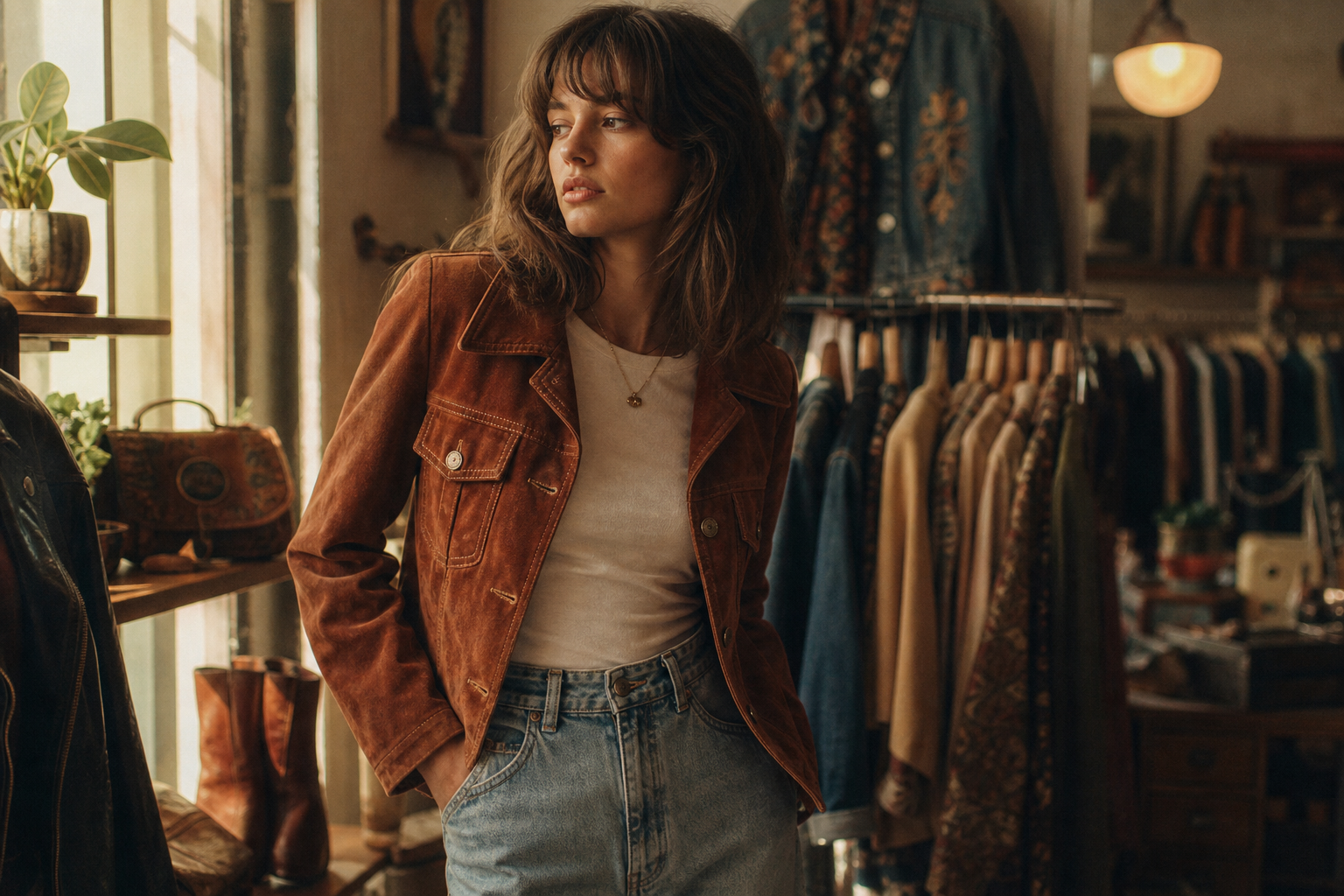 Warm film photo of a model in a rust suede 70s jacket and high-waisted denim, standing in soft window light with a boutique vintage store backdrop