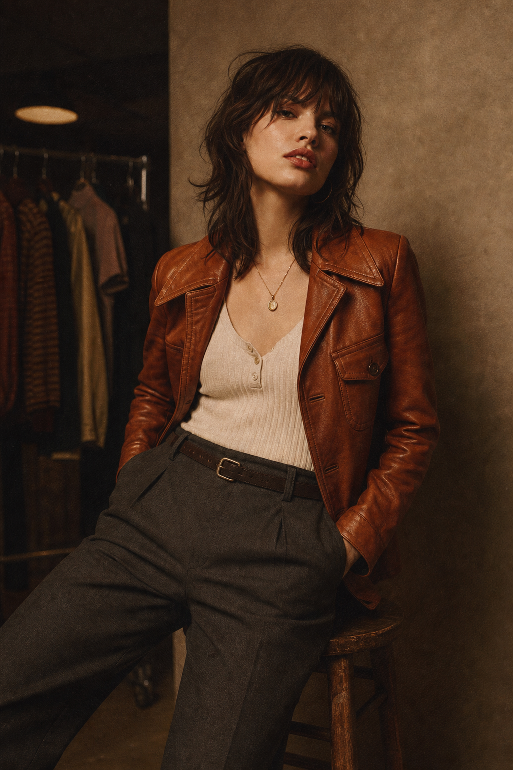 Vintage fashion model wearing a burnt sienna leather jacket and high-waisted charcoal trousers in a moody studio