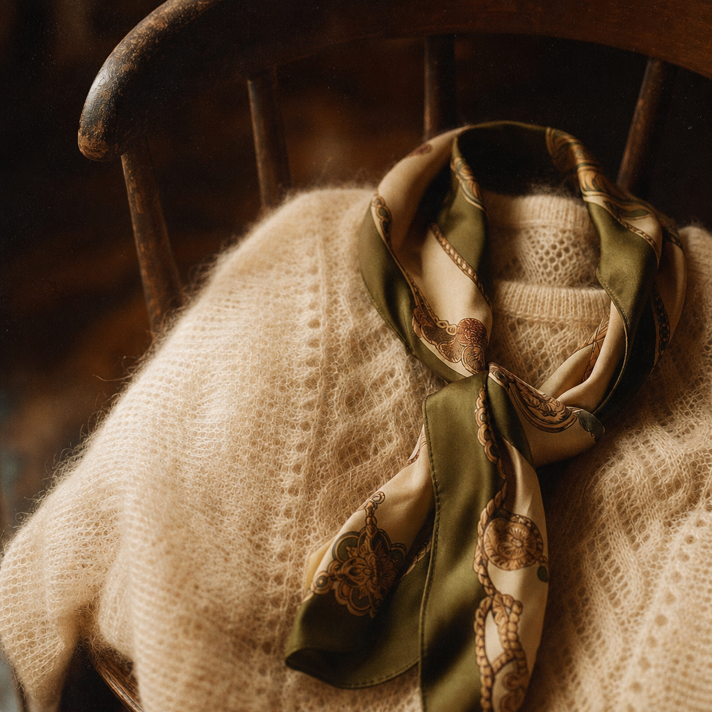 Close-up film photo of a cream mohair knit sweater layered over a silk scarf with warm grain and soft focus