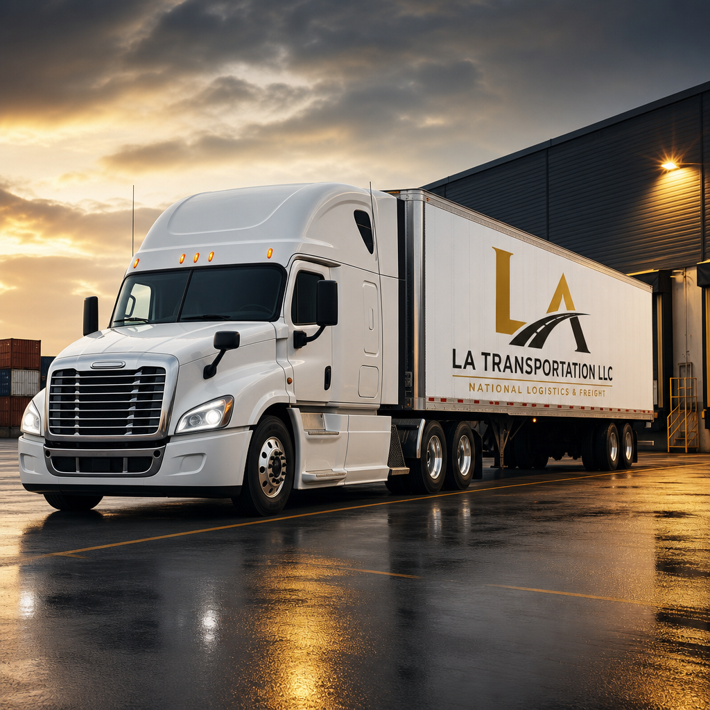 Modern black semi truck with metallic gold accents parked at a dusk loading bay