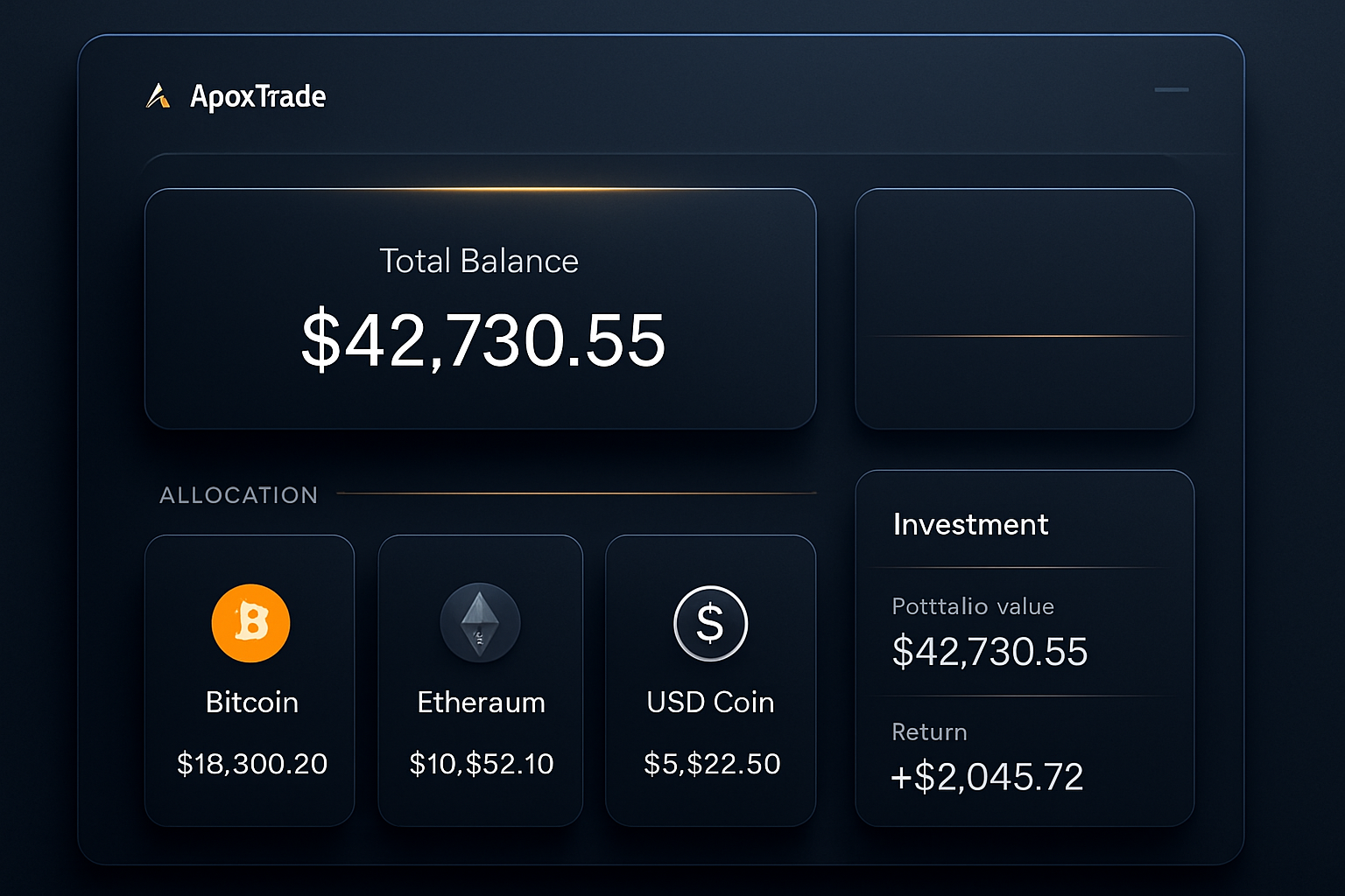 Premium banking-style crypto investment dashboard with balance summary, allocation tiles, and sleek deep-blue interface