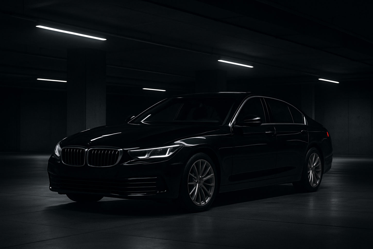 Sleek black luxury sedan parked in a modern city garage with soft overhead lighting