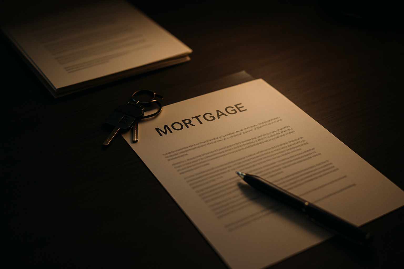 Warm-lit home office desk with mortgage documents, a pen, and a set of house keys, styled in a modern corporate setting