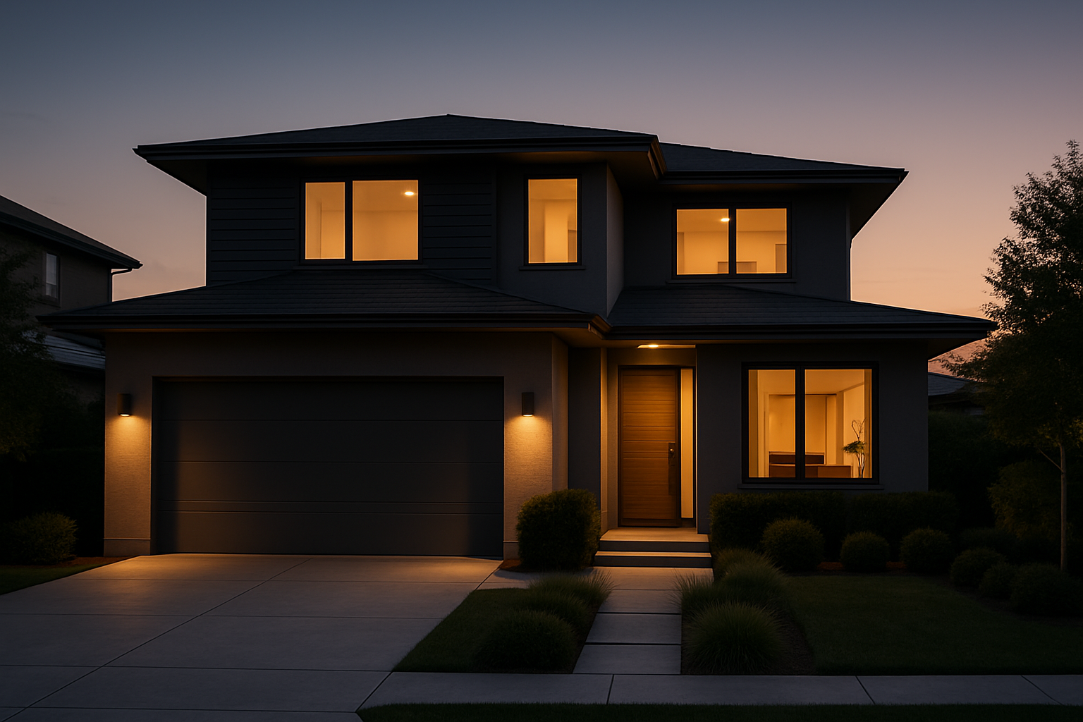 Modern two-story suburban home with warm interior lights and a clean driveway at dusk