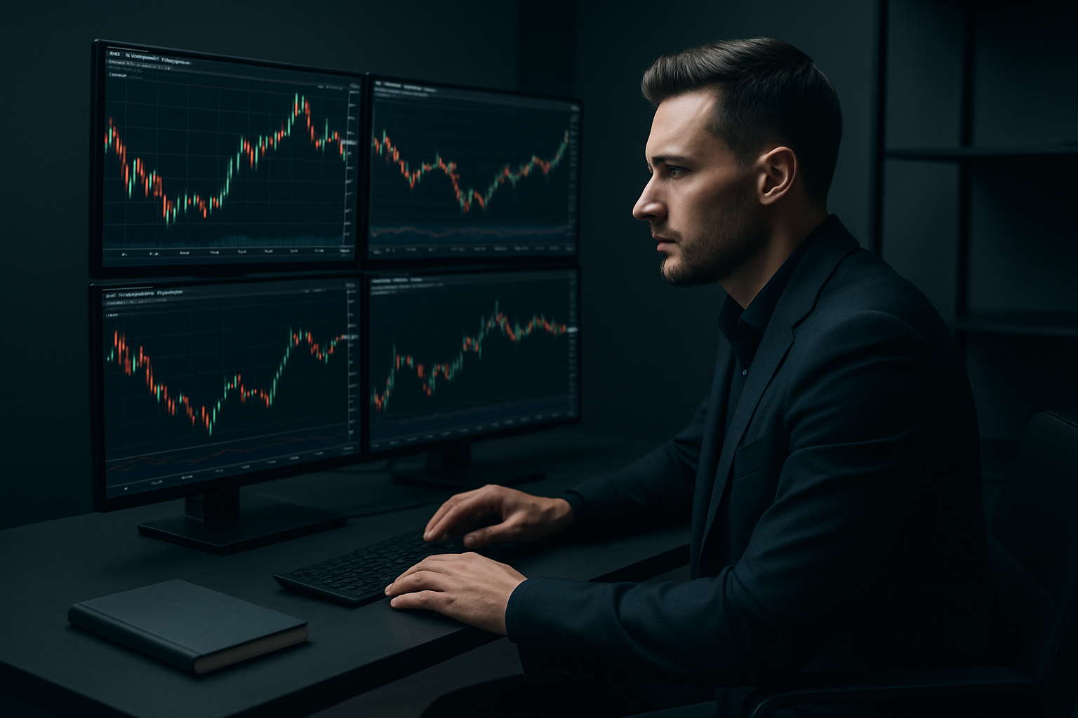 Professional trader in a dark modern office reviewing multiple trading monitors with charts