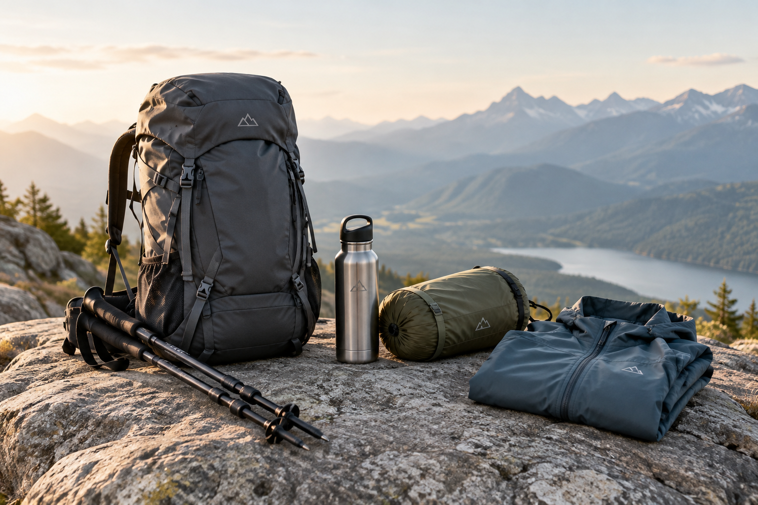 Modern hiking essentials arranged on a clean mountain overlook with backpack, trekking poles, bottle, and tent gear