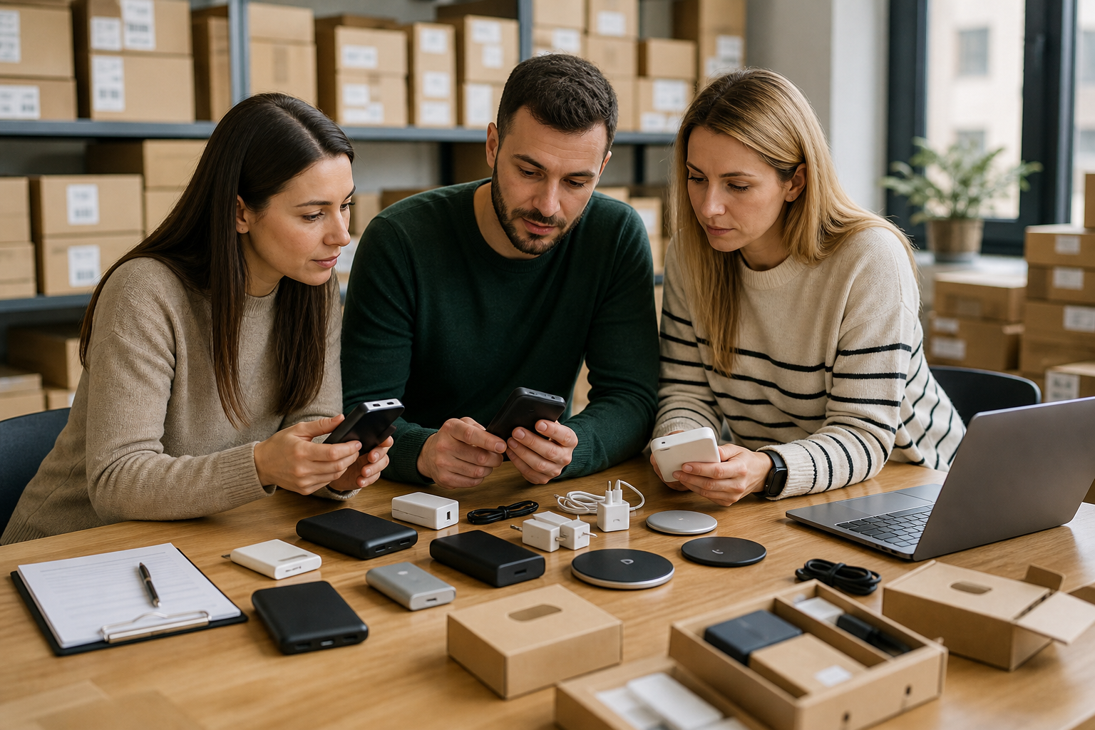 Toprif team reviewing small electronics samples and packing notes in a clean warehouse office