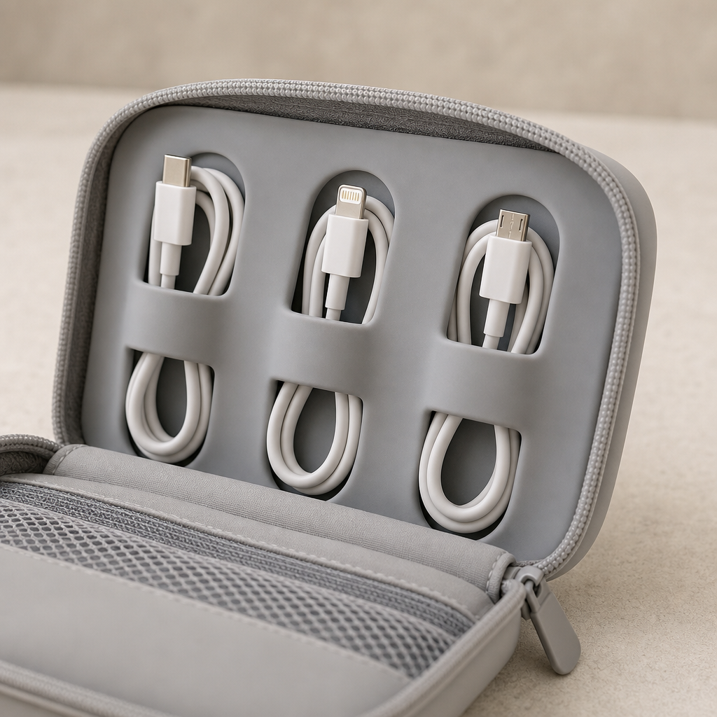 Soft grey silicone organizer bag with loop channels holding USB-C, Lightning, and HDMI cables