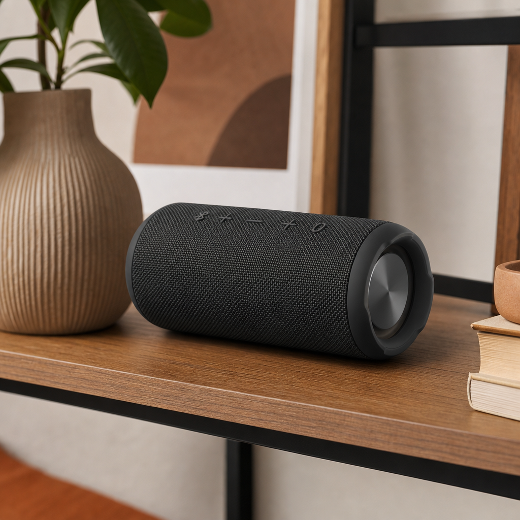 Portable cylindrical Bluetooth speaker in graphite finish on a wooden shelf