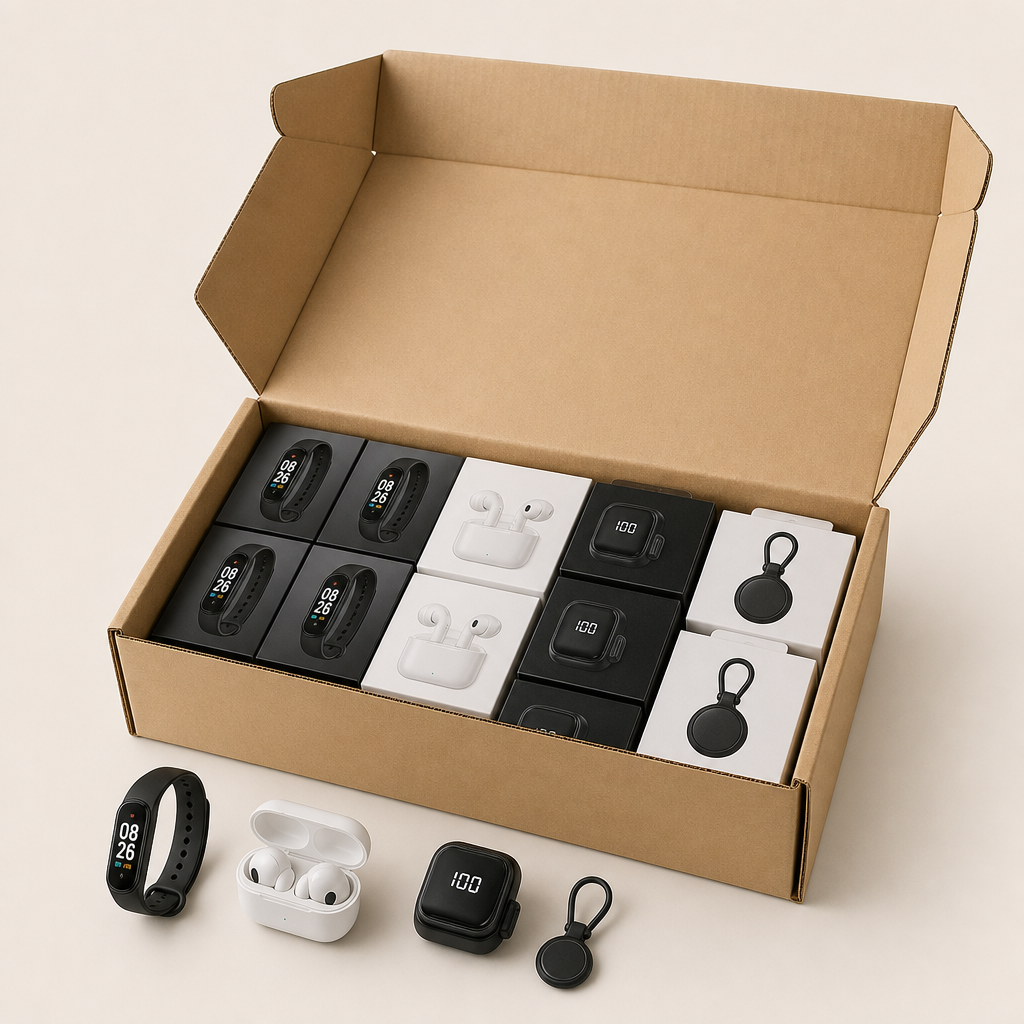 Bulk batch wearable tech gift bundles with assorted smart bands, earbuds, and compact gadgets in carton display
