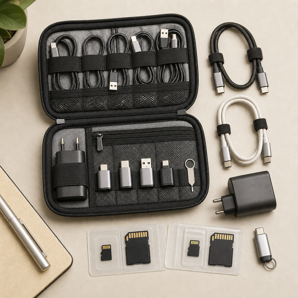Travel cable organizer pouch open with neatly arranged adapters and cables