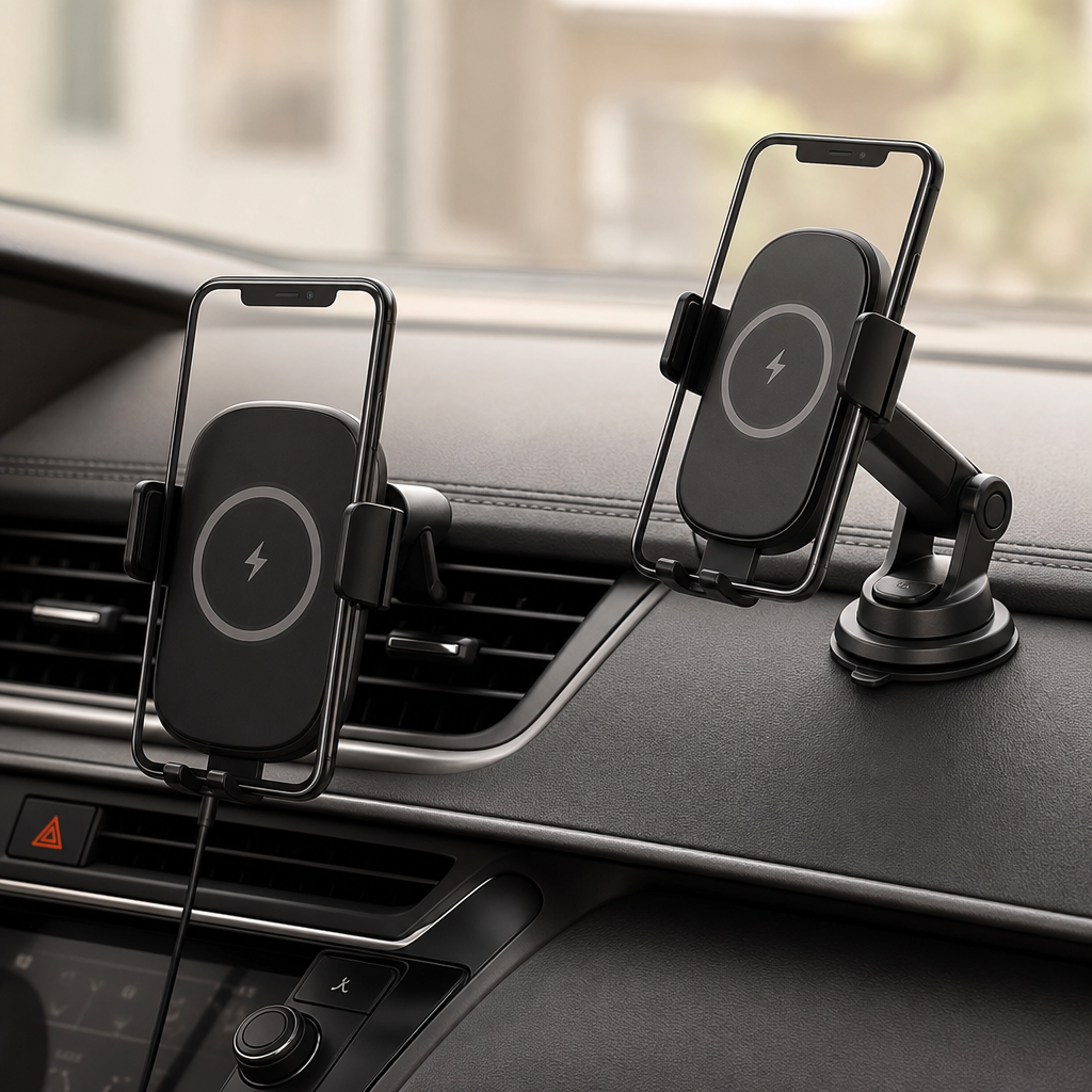 Car mount wireless charging holders installed on a dashboard