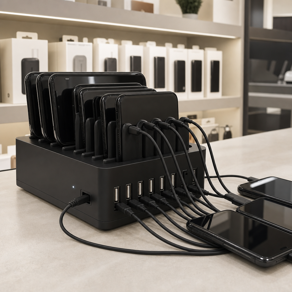 Black multi-port USB charging station rack with multiple phones and cables on a retail counter