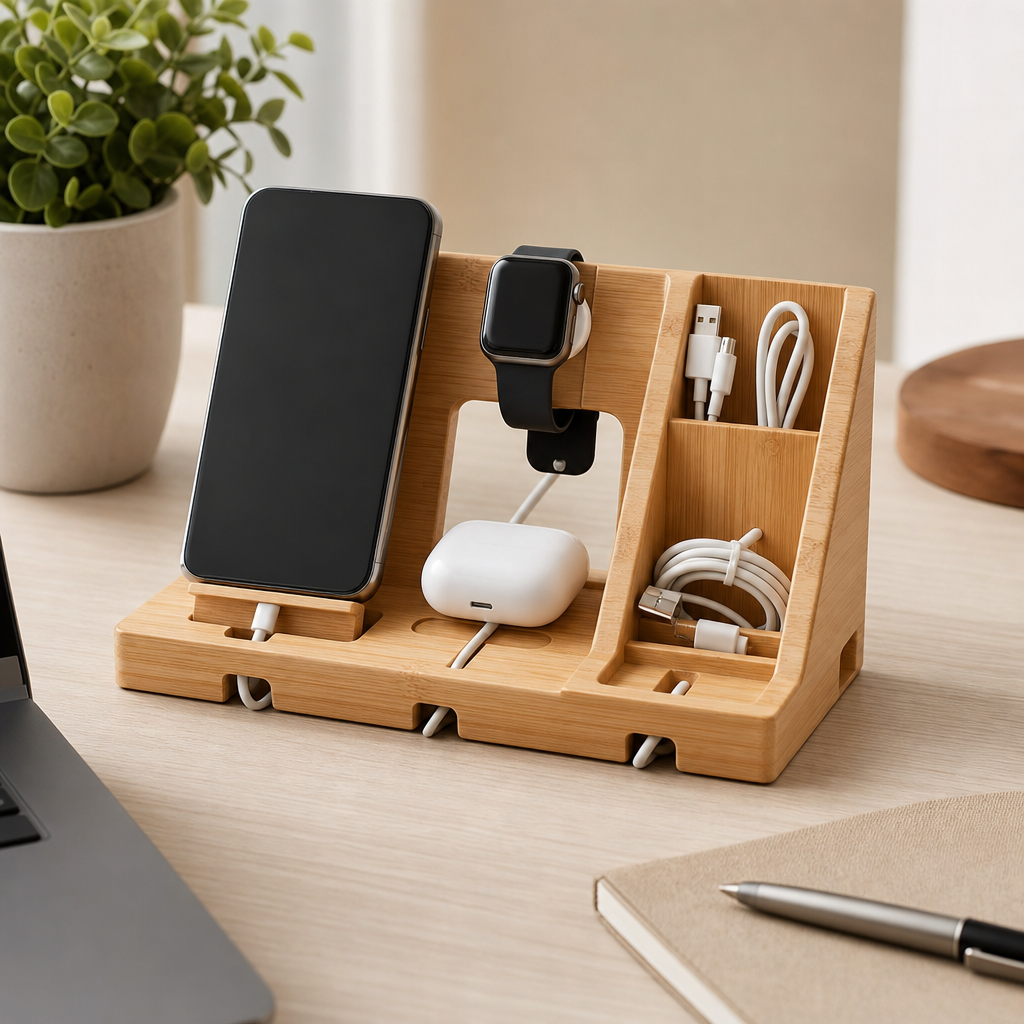 Bamboo-toned charging dock and cable organizer holding phone, watch, and earbuds