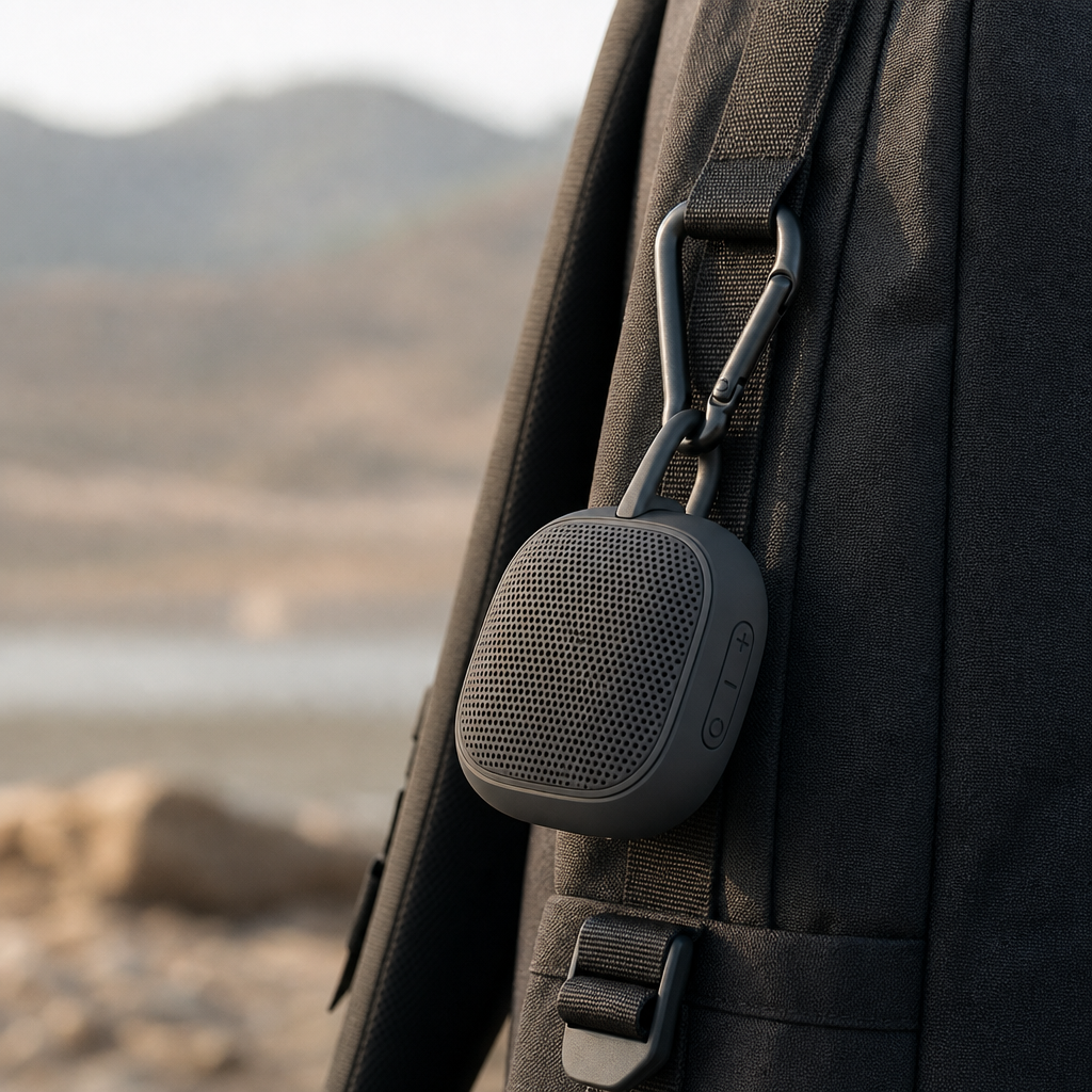 Compact charcoal Bluetooth clip speaker attached to a backpack strap