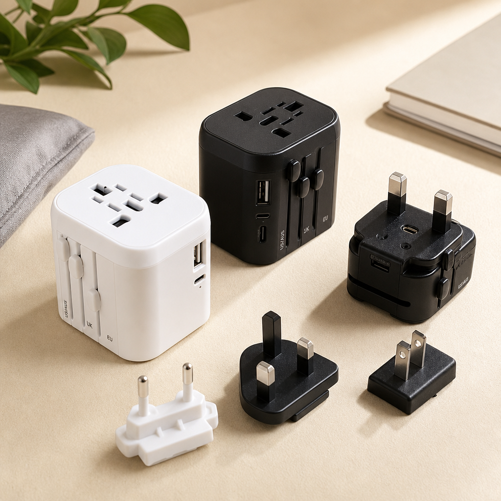 Compact global travel plug adapter sets arranged on a desk