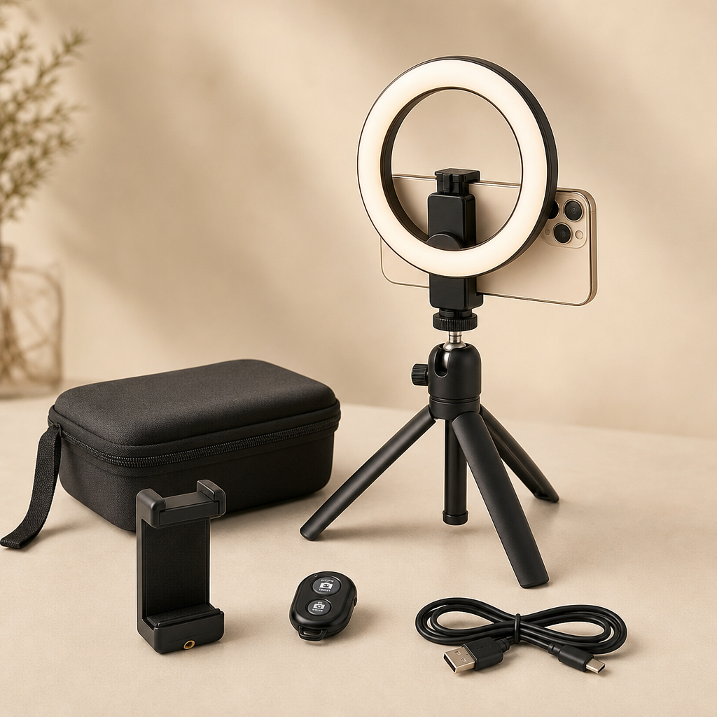 Compact handheld selfie ring light kit with phone clamp and small tripod in warm studio lighting