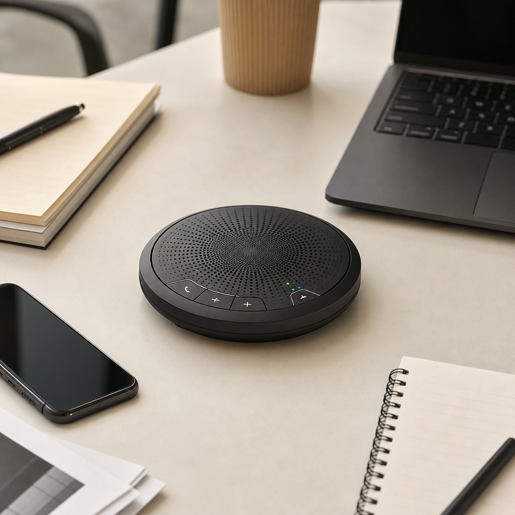 Round mini Bluetooth conference speakerphone kit on an office meeting table
