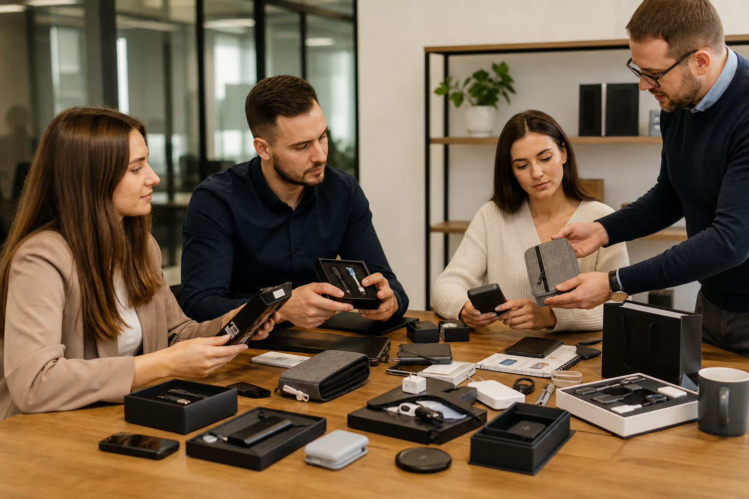 Corporate procurement team reviewing branded electronic gift kits and office charging accessories on a conference table