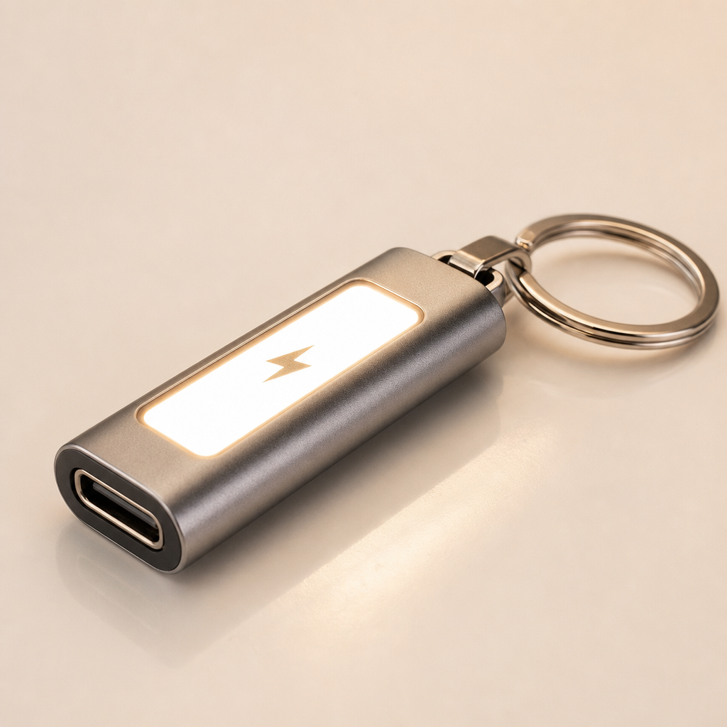 Metallic promotional LED keychain charger with illuminated branding zone