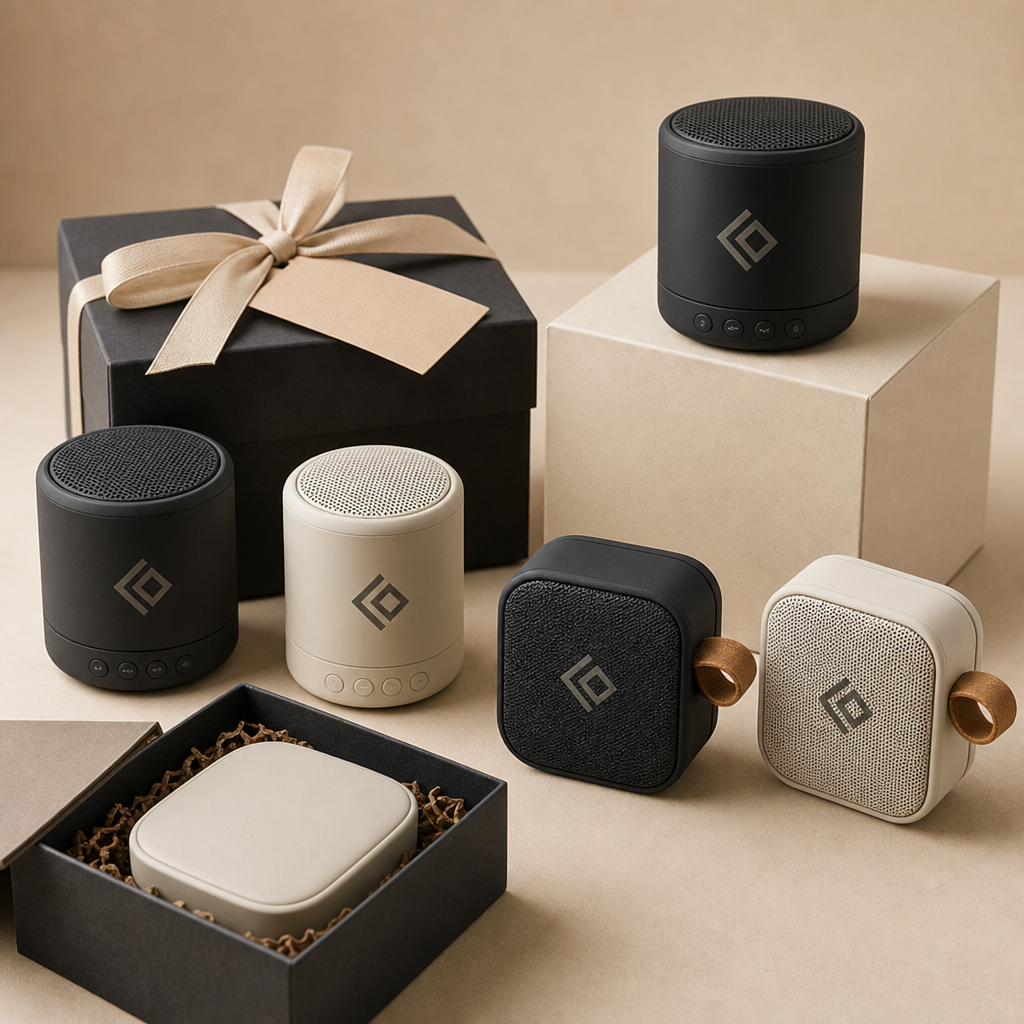 Custom logo printed Bluetooth speaker gifts in branded packaging