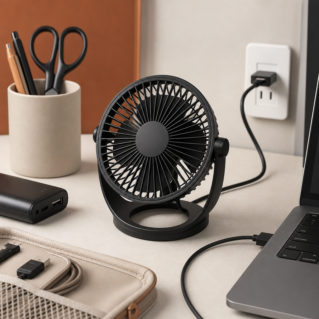 USB desk mini cooling and heating fan near keyboard with small utility accessories