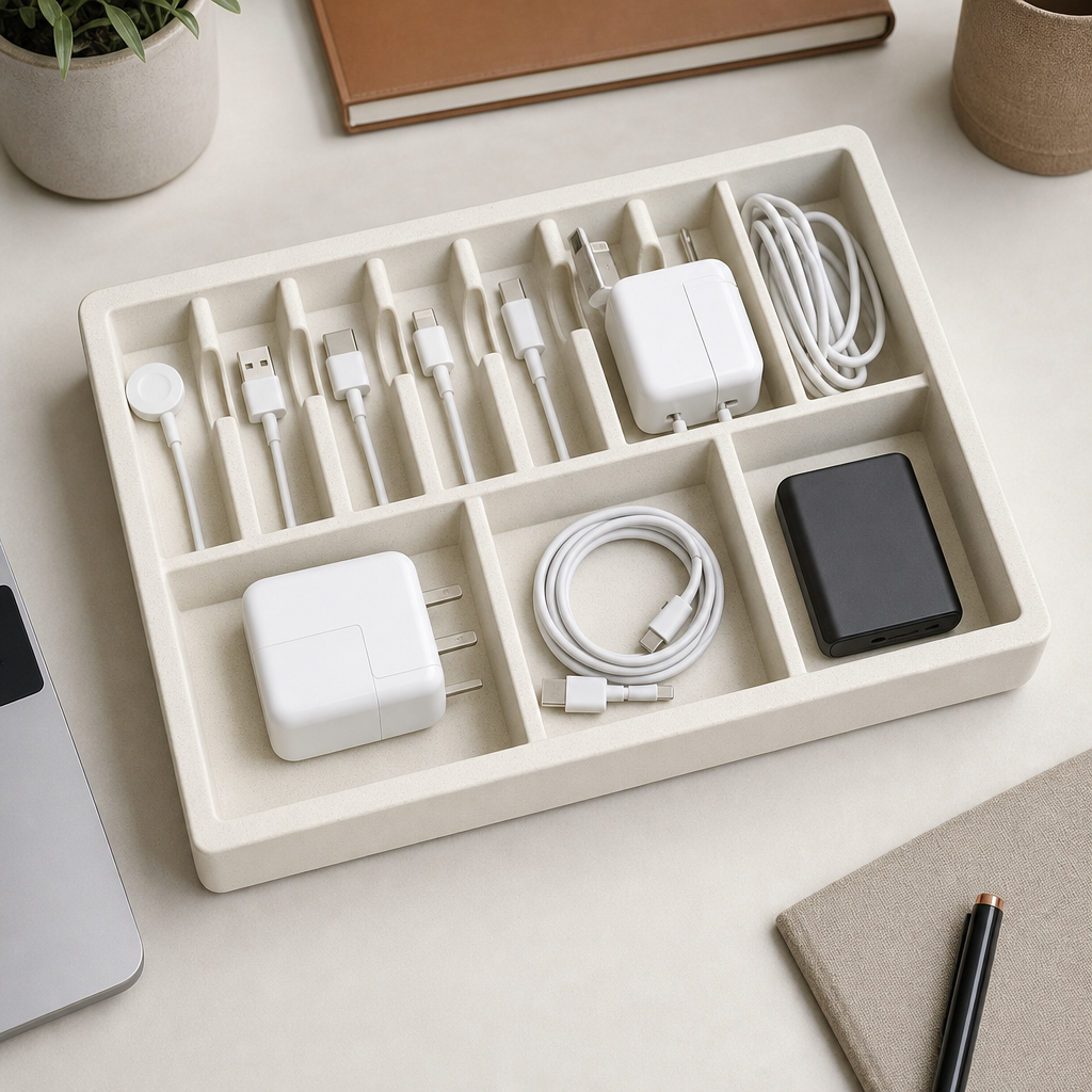 Matte cream desktop tray with multiple cable slots and charging brick holder compartments