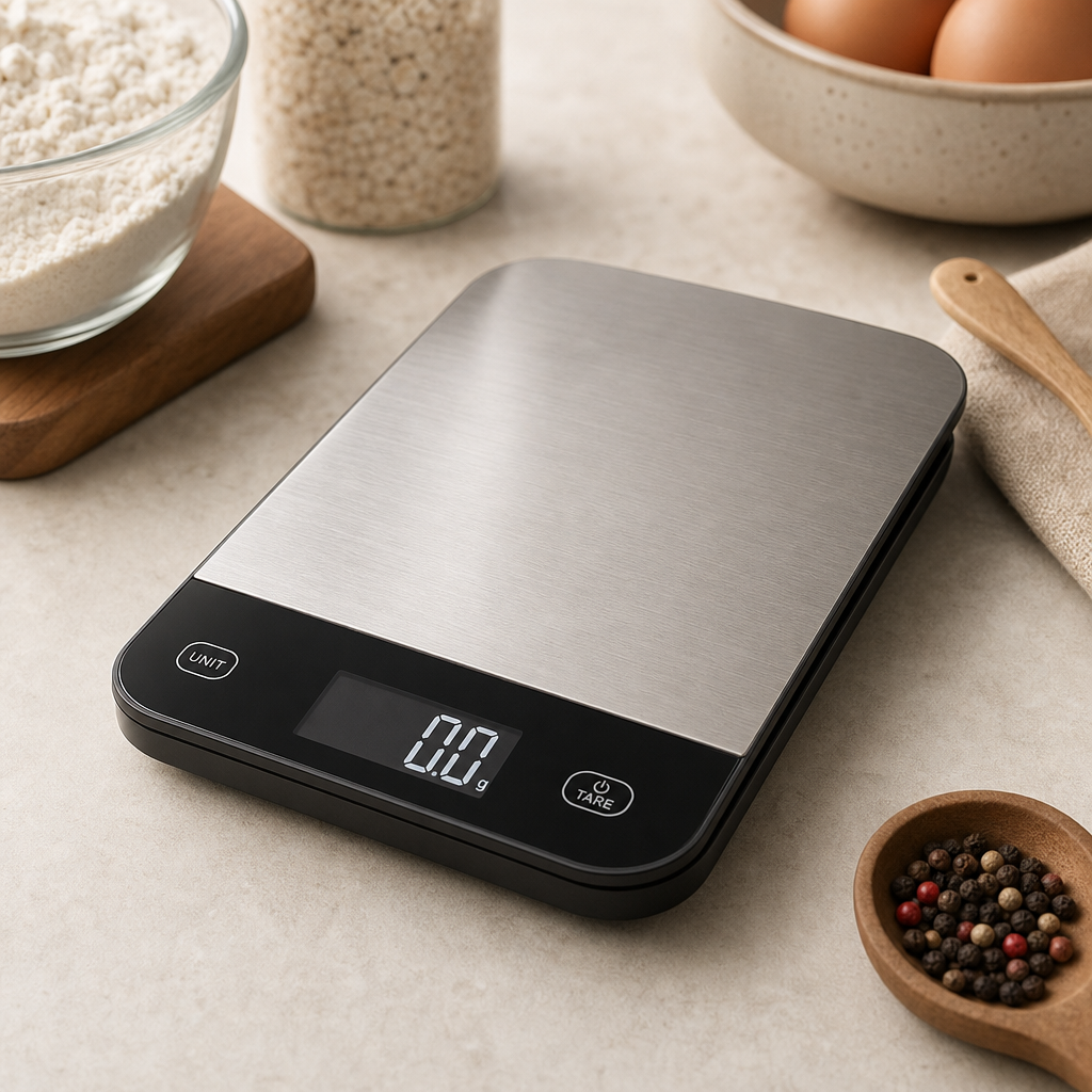 Slim digital kitchen electronic measuring scale with stainless surface and LED display