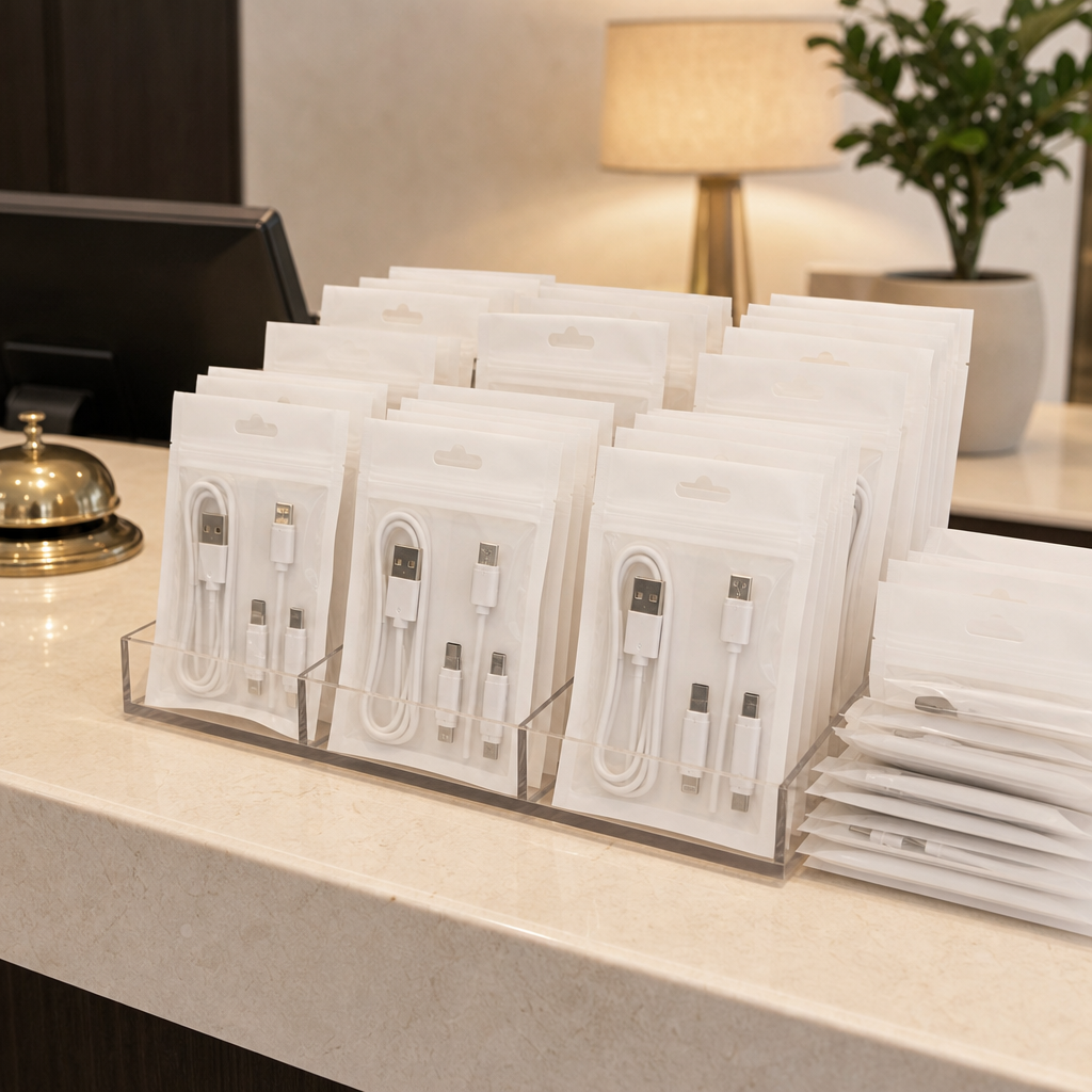 Disposable hotel travel charger kits neatly arranged on neutral surface