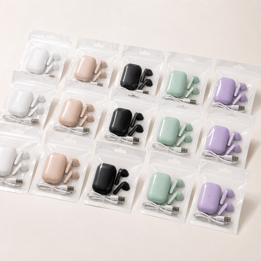 Individually wrapped disposable one-time use Bluetooth earbud sets laid out in retail-ready packs
