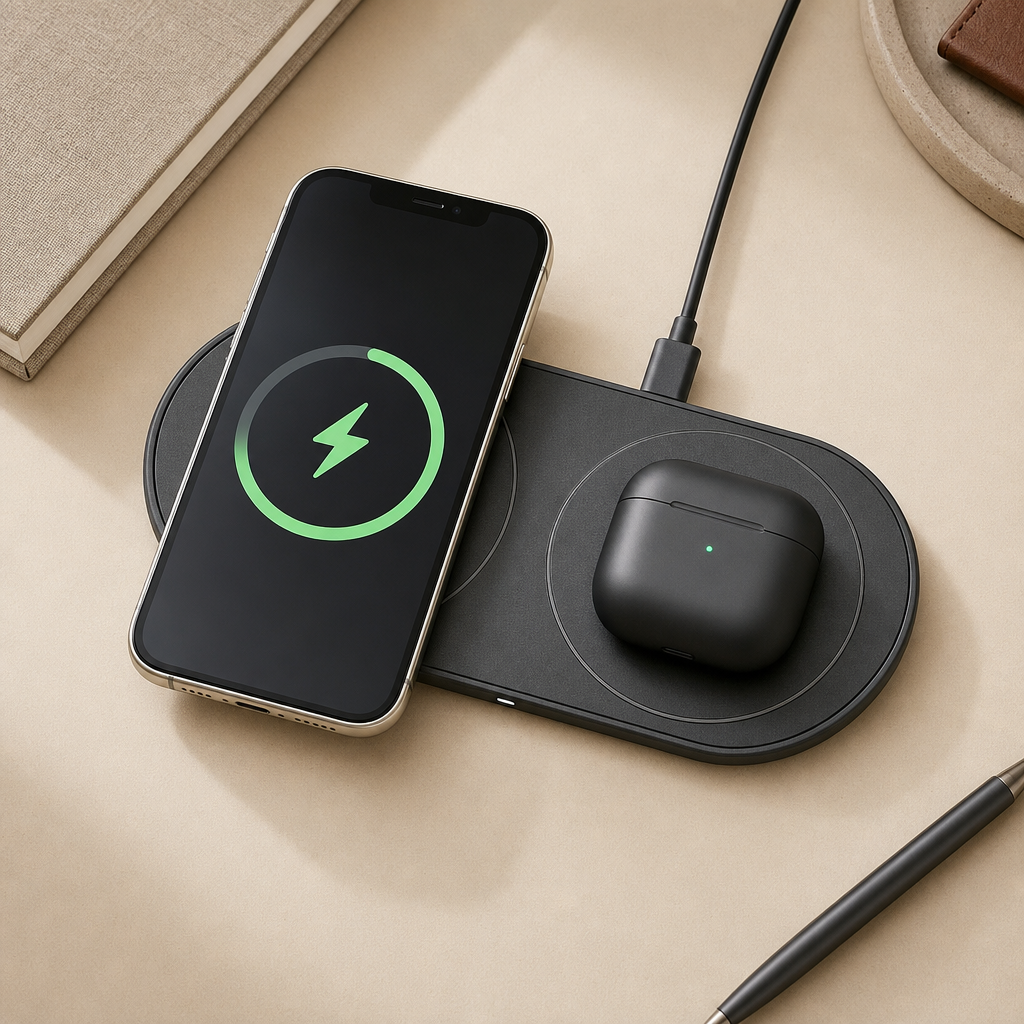 Graphite dual wireless charging pad with phone and earbuds in place